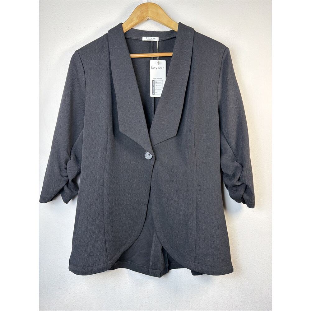 Beyove black blazer large jacket 3/4 gathered sleeve suit stretchy bohemian NWT - Picture 3 of 11